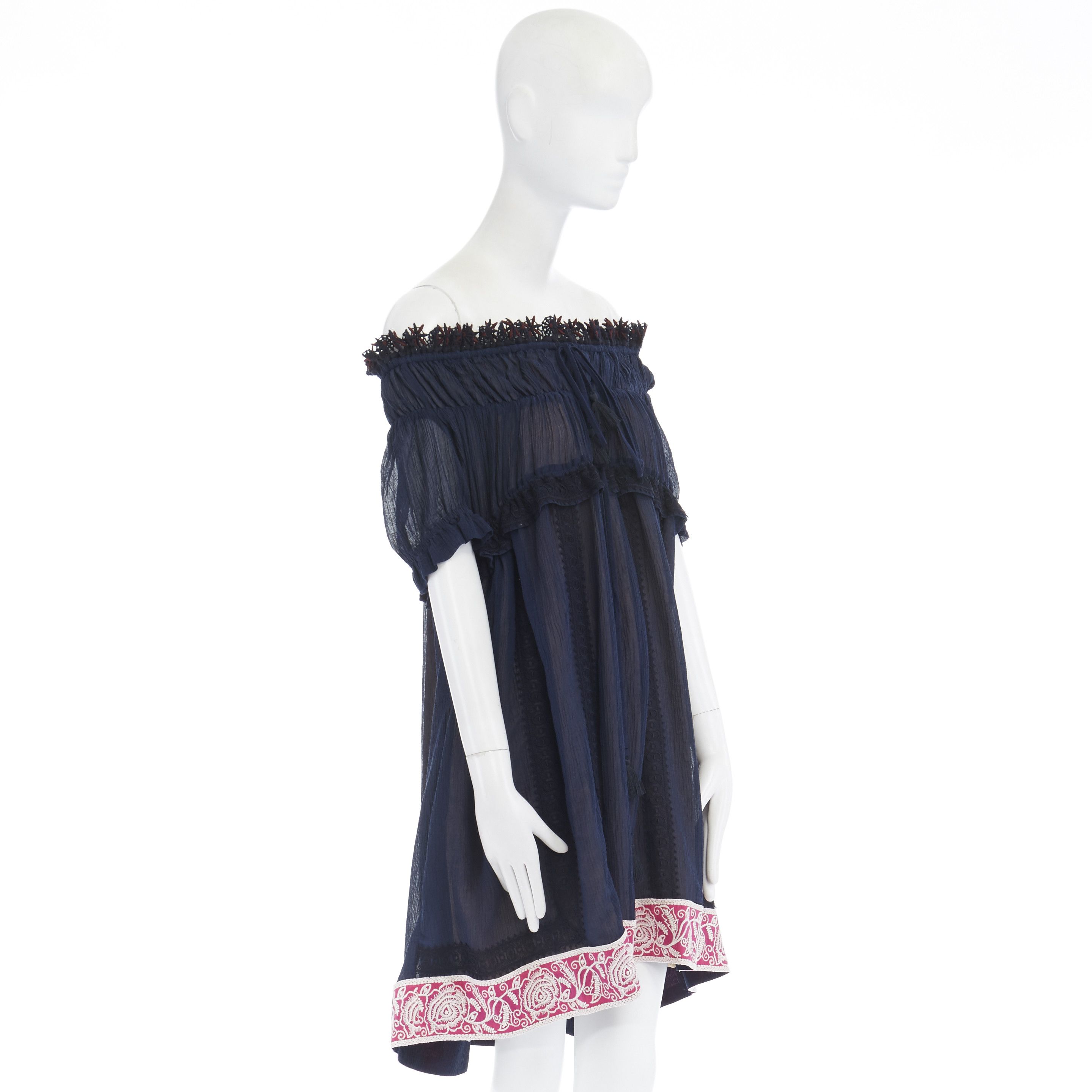 Chloe new CHLOE navy embroidery lace trim off shoulder boho dress FR36 S Size S / US 4 / IT 40 - 4 Thumbnail