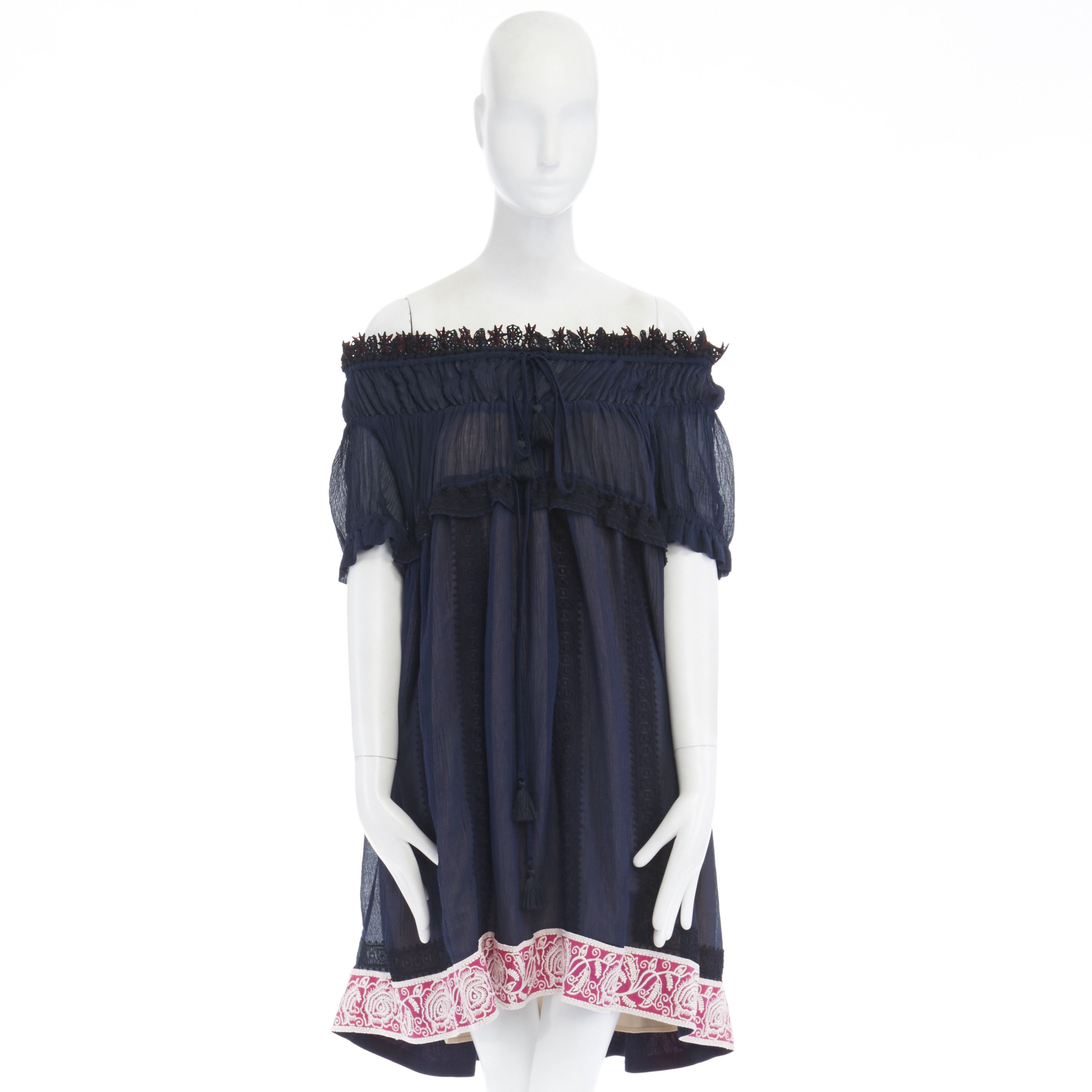 Chloe new CHLOE navy embroidery lace trim off shoulder boho dress FR36 S Size S / US 4 / IT 40 - 3 Thumbnail
