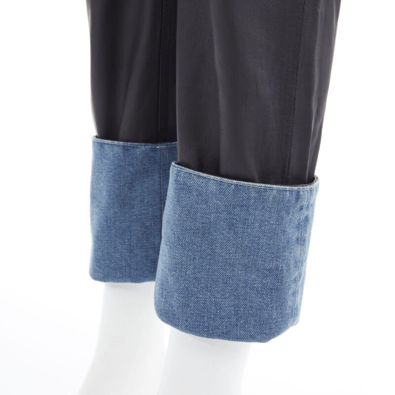 Maison Margiela new MAISON MARGIELA black leather blue denim trim cuffed jeans pants IT38 XS Size 26" / US 2 / IT 38 - 8 Thumbnail