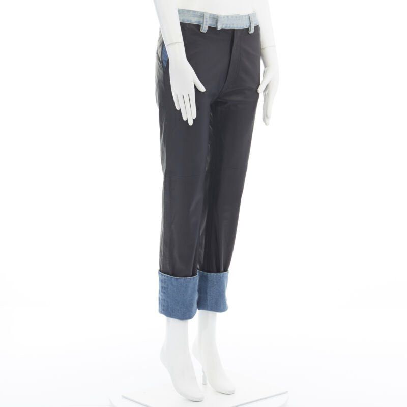 Maison Margiela new MAISON MARGIELA black leather blue denim trim cuffed jeans pants IT38 XS Size 26" / US 2 / IT 38 - 4 Thumbnail