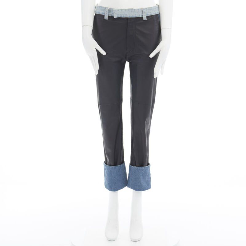 Maison Margiela new MAISON MARGIELA black leather blue denim trim cuffed jeans pants IT38 XS Size 26" / US 2 / IT 38 - 3 Thumbnail
