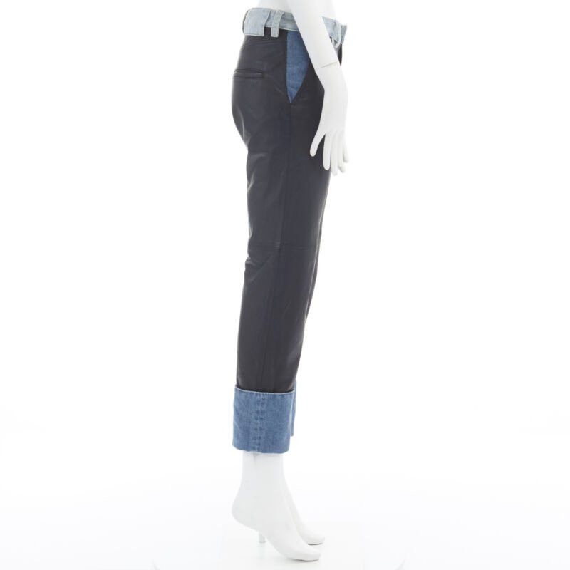 Maison Margiela new MAISON MARGIELA black leather blue denim trim cuffed jeans pants IT38 XS Size 26" / US 2 / IT 38 - 5 Thumbnail