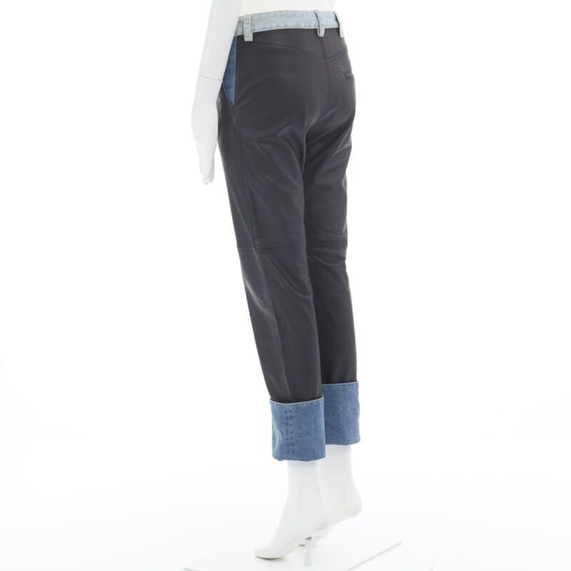 Maison Margiela new MAISON MARGIELA black leather blue denim trim cuffed jeans pants IT38 XS Size 26" / US 2 / IT 38 - 7 Thumbnail