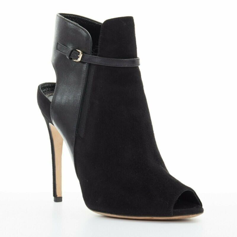 Sergio Rossi SERGIO ROSSI black suede leather strap buckle peep toe heel ankle bootie EU37 Size US 7 / IT 37 - 2 Thumbnail