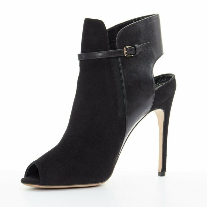 Sergio Rossi SERGIO ROSSI black suede leather strap buckle peep toe heel ankle bootie EU37 Size US 7 / IT 37 - 4 Thumbnail