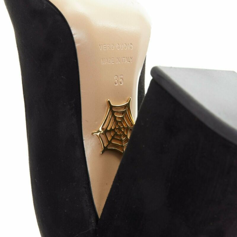 Charlotte Olympia CHARLOTTE OLYMPIA black suede point toe spider embroidered chunky high heel EU35 Size US 5 / IT 35 - 11 Thumbnail