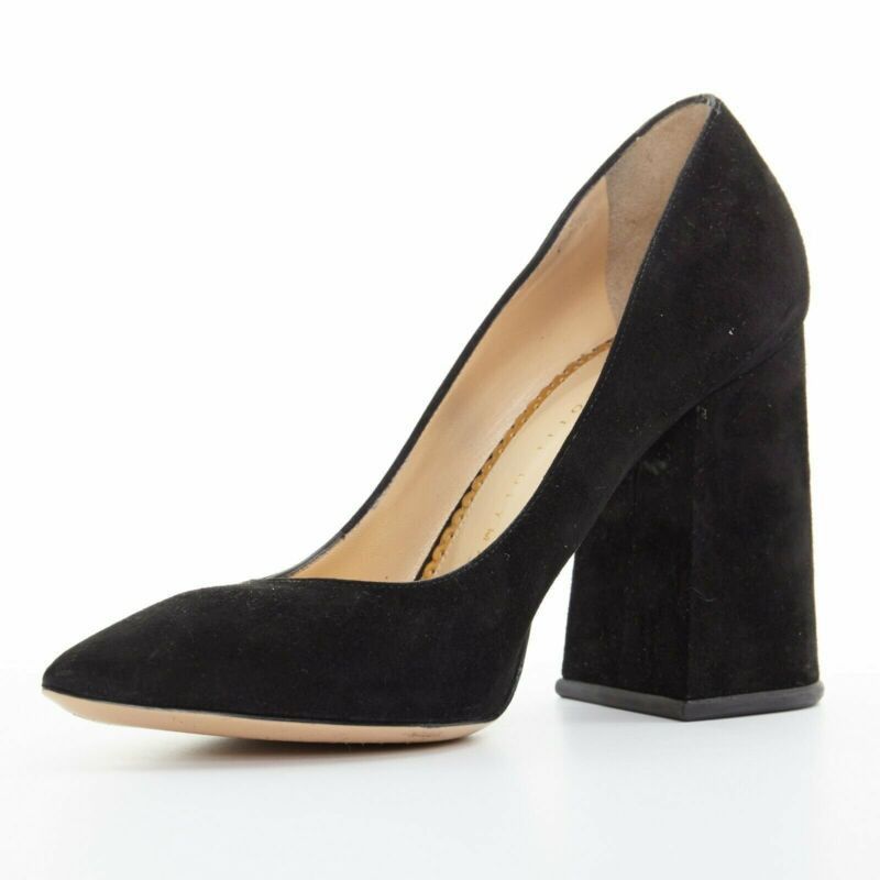 Charlotte Olympia CHARLOTTE OLYMPIA black suede point toe spider embroidered chunky high heel EU35 Size US 5 / IT 35 - 4 Thumbnail