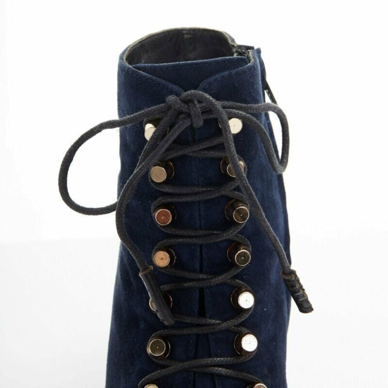 Balenciaga BALENCIAGA navy blue suede gold-tone stud lace up point toe bootie EU37 US7 Size US 7 / IT 37 - 9 Thumbnail