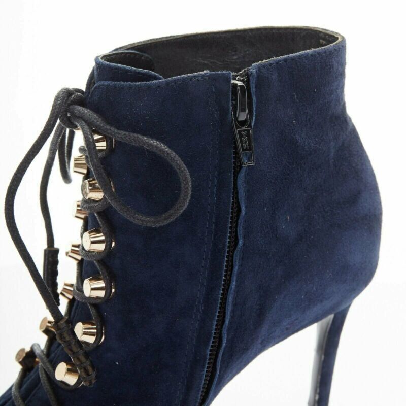 Balenciaga BALENCIAGA navy blue suede gold-tone stud lace up point toe bootie EU37 US7 Size US 7 / IT 37 - 10 Thumbnail