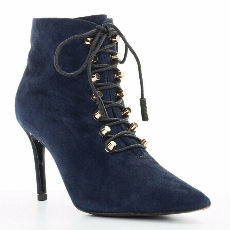 Balenciaga BALENCIAGA navy blue suede gold-tone stud lace up point toe bootie EU37 US7 Size US 7 / IT 37 - 2 Thumbnail