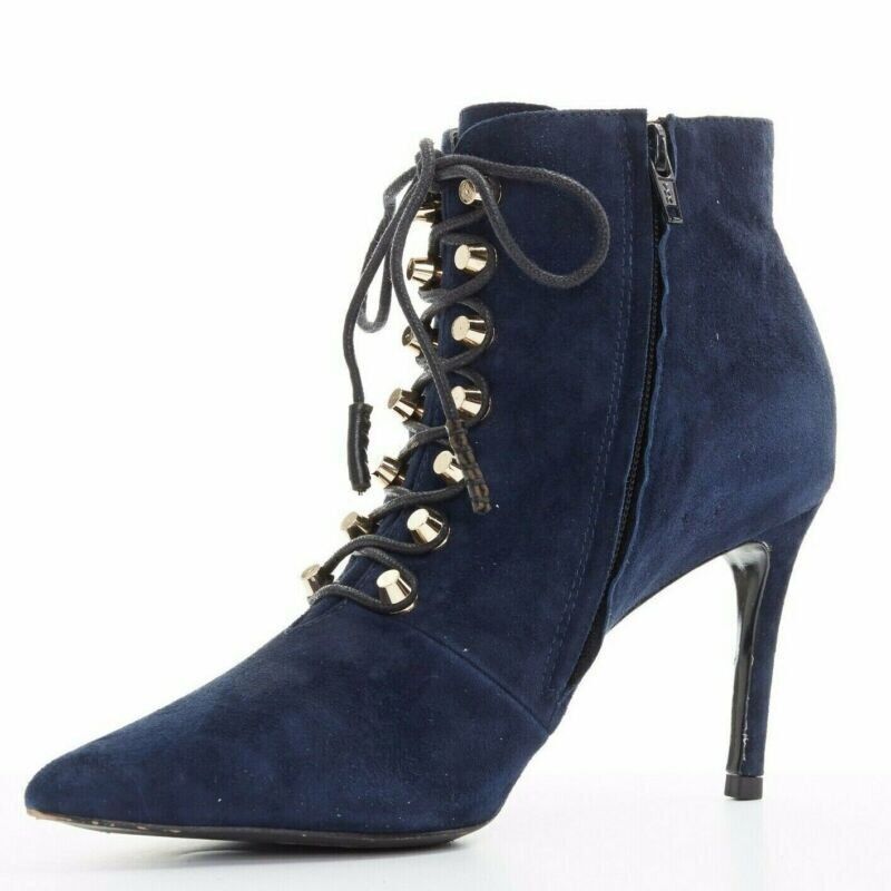 Balenciaga BALENCIAGA navy blue suede gold-tone stud lace up point toe bootie EU37 US7 Size US 7 / IT 37 - 4 Thumbnail