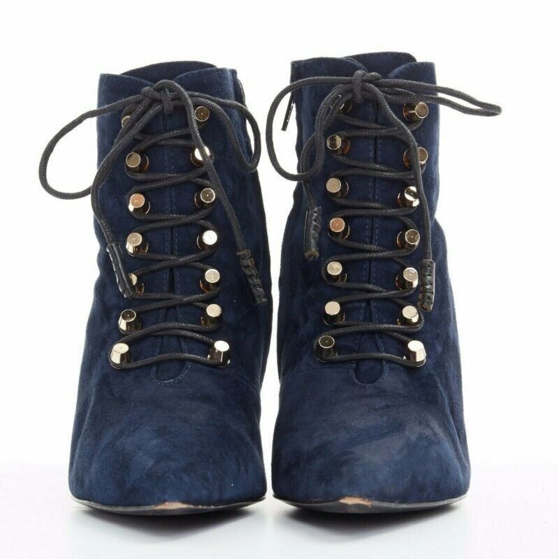 Balenciaga BALENCIAGA navy blue suede gold-tone stud lace up point toe bootie EU37 US7 Size US 7 / IT 37 - 3 Thumbnail