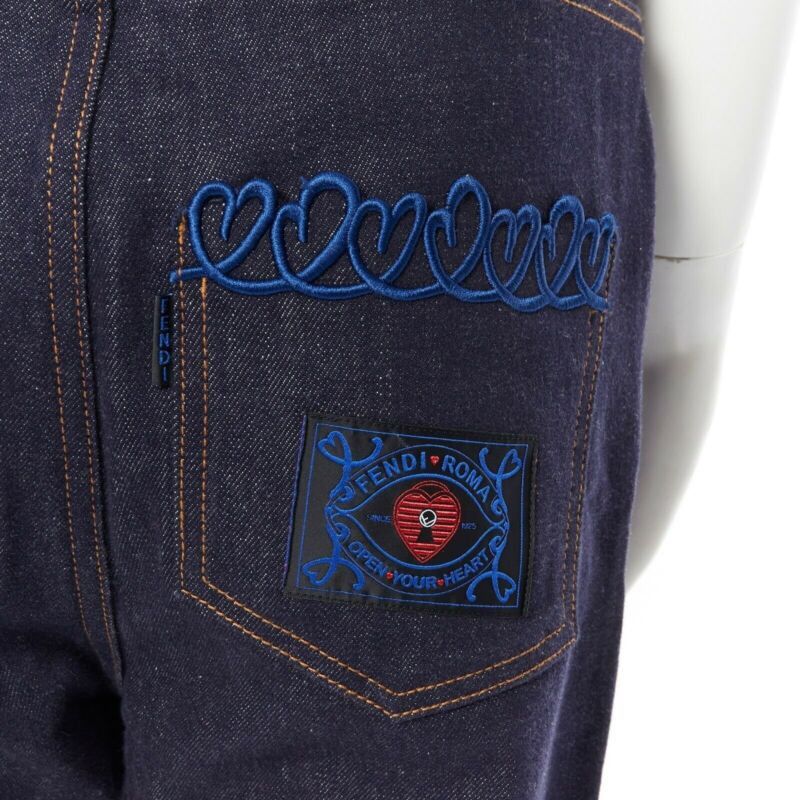 Fendi FENDI PF18 indigo blue crisp denim straight jeans 3/4 heart embroidery IT40 S Size 27" / US 4 / IT 40 - 2 Thumbnail