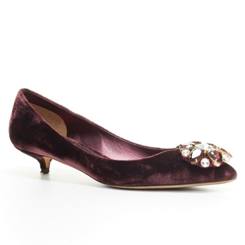 DOLCE & GABBANA embellished purple velvet crystal toe kitten heel pumps EU36.5
