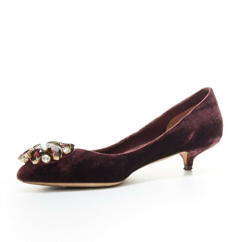 DOLCE & GABBANA embellished purple velvet crystal toe kitten heel pumps EU36.5