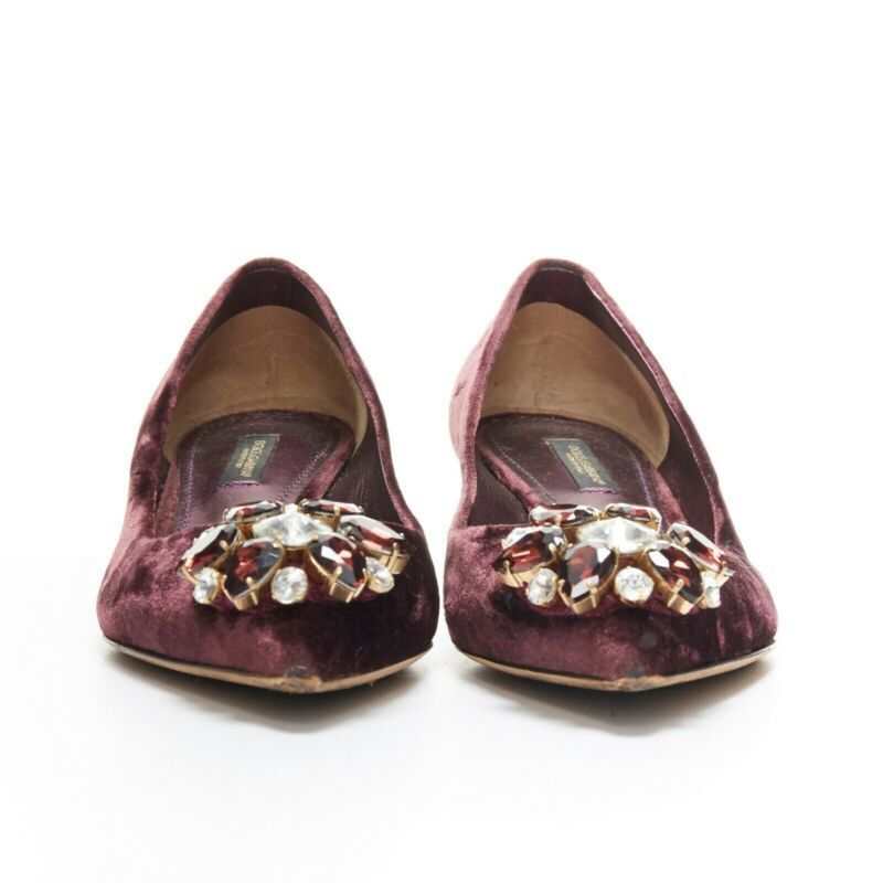 DOLCE & GABBANA embellished purple velvet crystal toe kitten heel pumps EU36.5