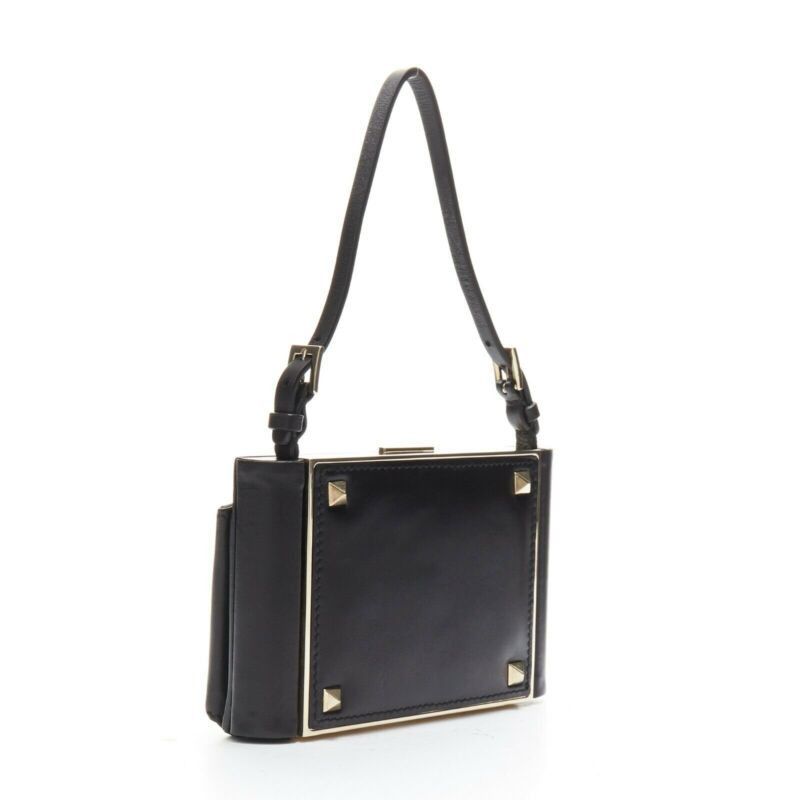 Valentino VALENTINO black leather gold rockstud metal frame miniaudiere clasp clutch bag Size ONE SIZE - 2 Thumbnail