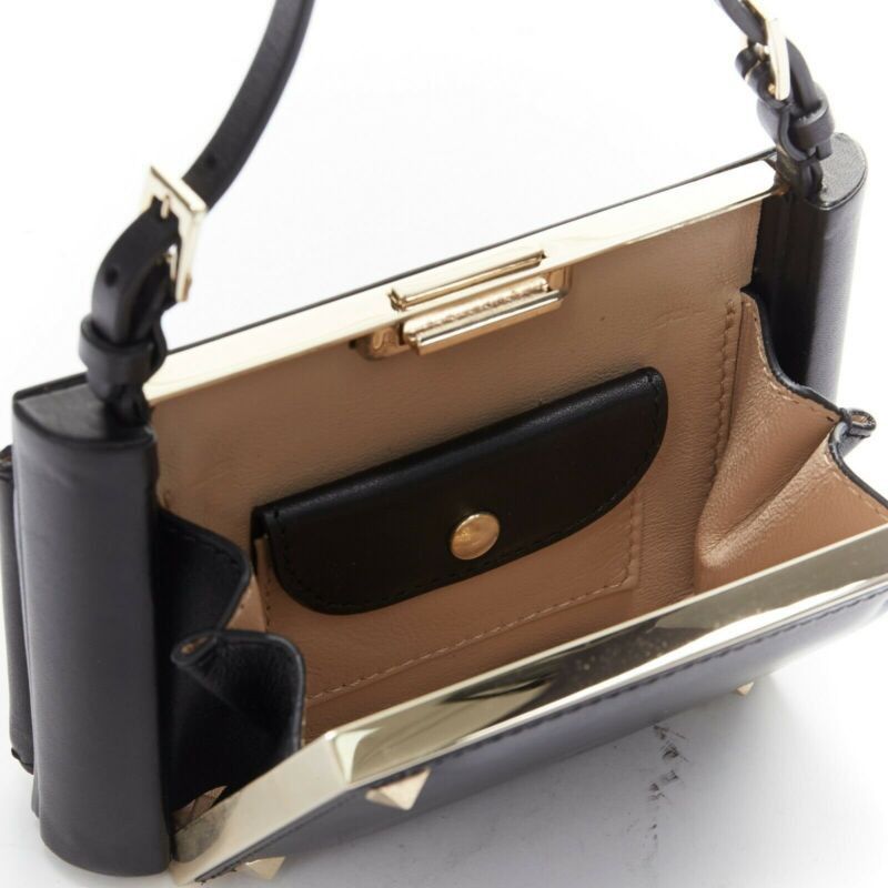 Valentino VALENTINO black leather gold rockstud metal frame miniaudiere clasp clutch bag Size ONE SIZE - 7 Thumbnail