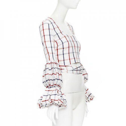 Rosie Assoulin new ROSIE ASSOULIN SS18 white checked seersucker puff sleeve wrap top US0 XS Size XS / US 0-2 / IT 36-38 - 3 Thumbnail