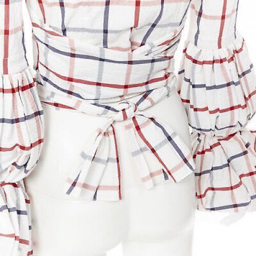 Rosie Assoulin new ROSIE ASSOULIN SS18 white checked seersucker puff sleeve wrap top US0 XS Size XS / US 0-2 / IT 36-38 - 9 Thumbnail