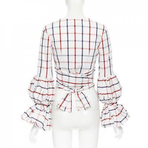 Rosie Assoulin new ROSIE ASSOULIN SS18 white checked seersucker puff sleeve wrap top US0 XS Size XS / US 0-2 / IT 36-38 - 5 Thumbnail