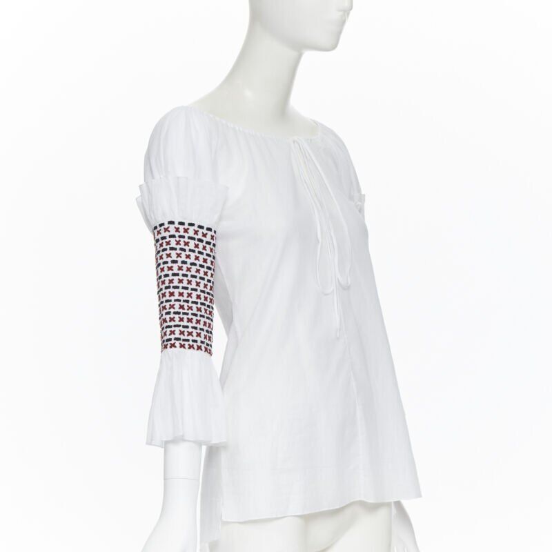 Rosie Assoulin new ROSIE ASSOULIN white ethnic embroidery smocked sleeves off shoulder top US4 Size S / US 4 / IT 40 - 3 Thumbnail