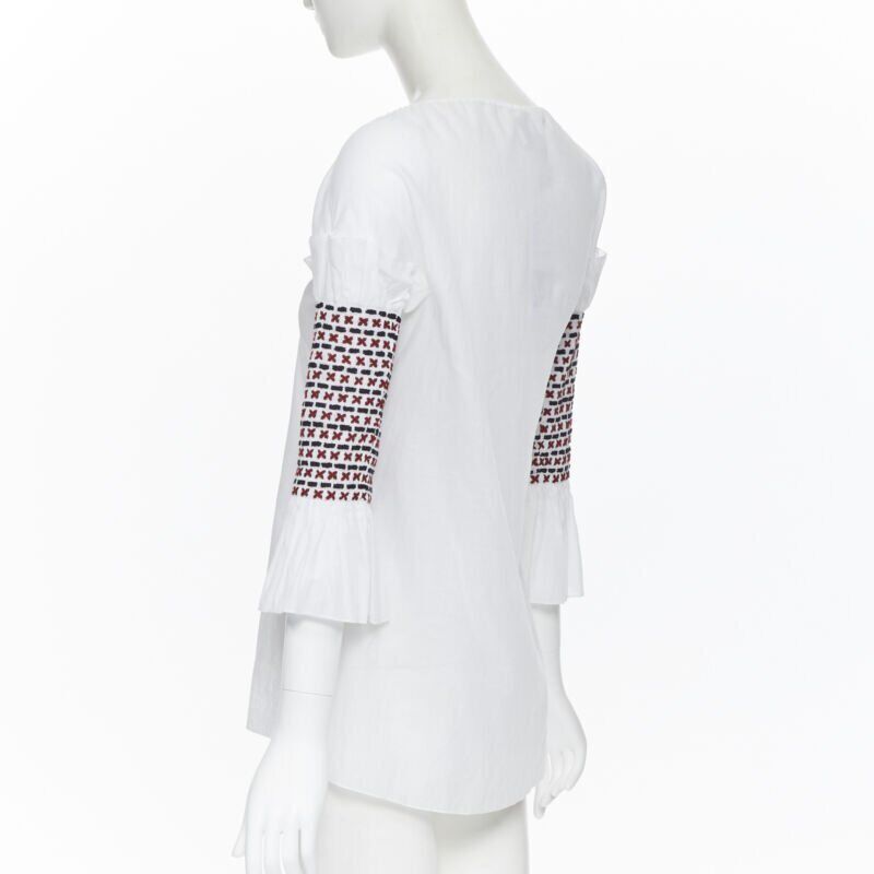 Rosie Assoulin new ROSIE ASSOULIN white ethnic embroidery smocked sleeves off shoulder top US4 Size S / US 4 / IT 40 - 6 Thumbnail