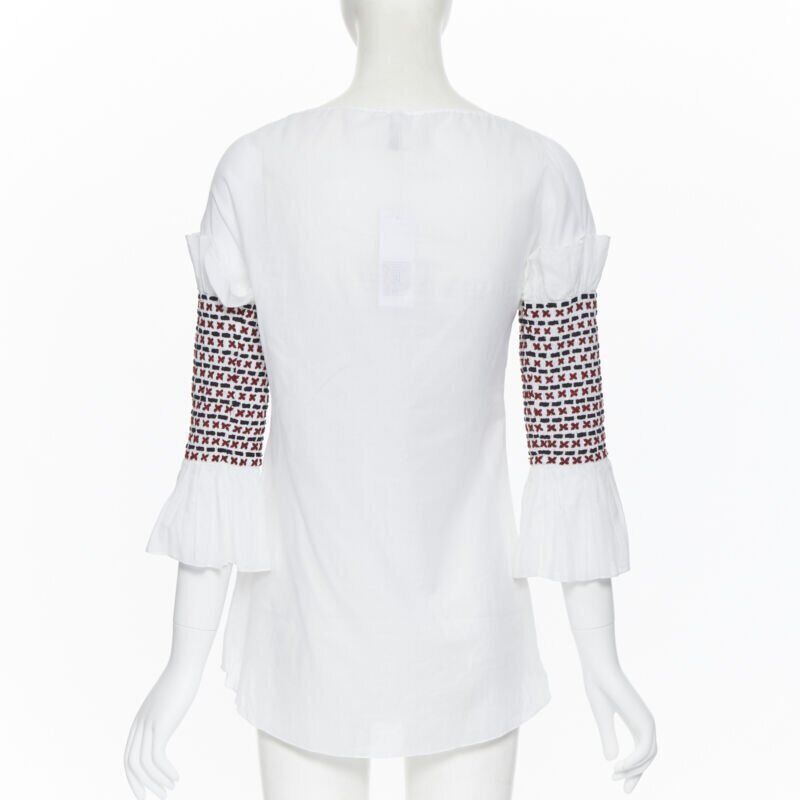 Rosie Assoulin new ROSIE ASSOULIN white ethnic embroidery smocked sleeves off shoulder top US0 Size XS / US 0-2 / IT 36-38 - 5 Thumbnail