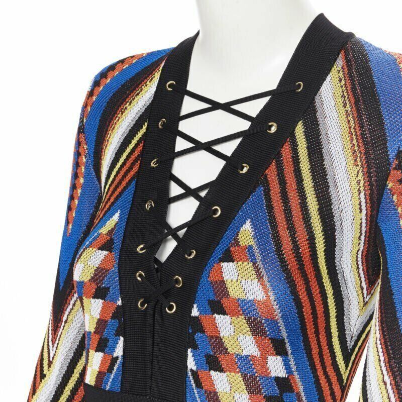 Balmain new BALMAIN Runway ethnic tribal knitted lace V-neck bodycon mini dress FR38 M Size S / US 4 / IT 40 - 2 Thumbnail