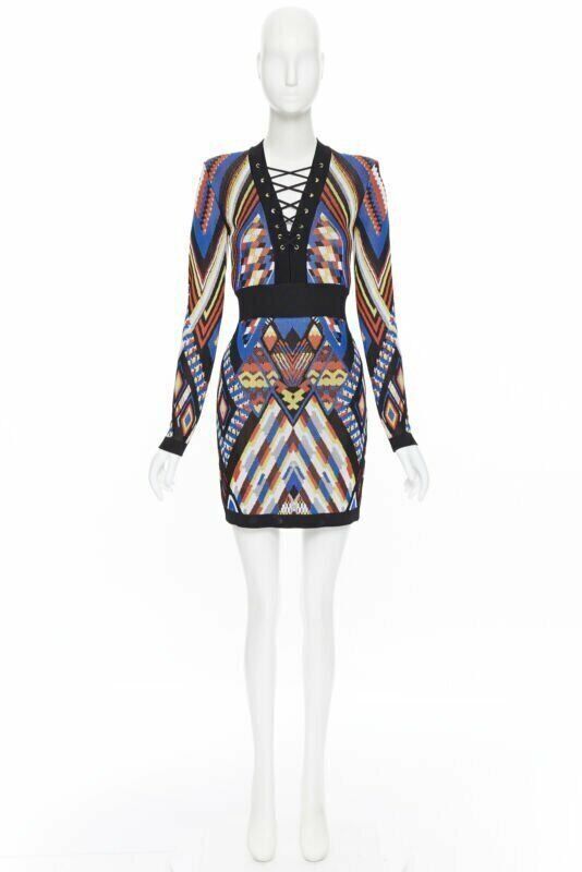 Balmain new BALMAIN Runway ethnic tribal knitted lace V-neck bodycon mini dress FR38 M Size S / US 4 / IT 40 - 10 Thumbnail