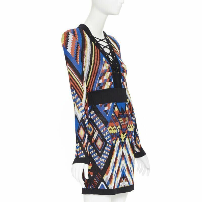 Balmain new BALMAIN Runway ethnic tribal knitted lace V-neck bodycon mini dress FR38 M Size S / US 4 / IT 40 - 3 Thumbnail