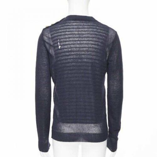 Balmain new BALMAIN 100% linen navy stripe gold military button distressed sweater XS Size US XS / EU 42 / 0 - 5 Thumbnail