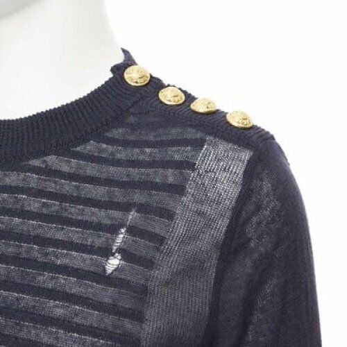 Balmain new BALMAIN 100% linen navy stripe gold military button distressed sweater XS Size US XS / EU 42 / 0 - 2 Thumbnail