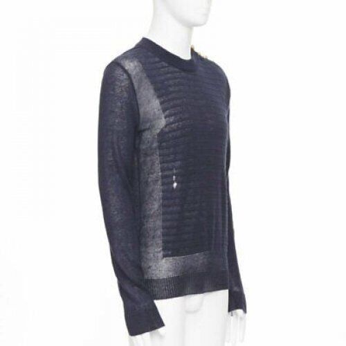 Balmain new BALMAIN 100% linen navy stripe gold military button distressed sweater XS Size US XS / EU 42 / 0 - 3 Thumbnail