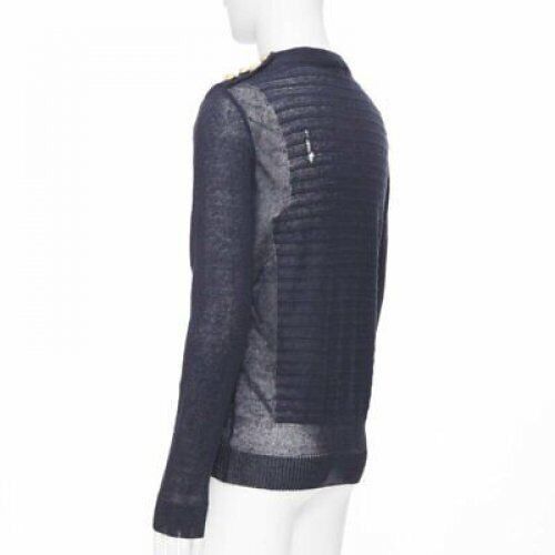 Balmain new BALMAIN 100% linen navy stripe gold military button distressed sweater XS Size US XS / EU 42 / 0 - 6 Thumbnail