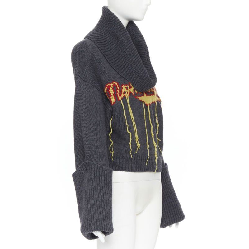 MONSE MONSE 100% wool Monsfield fringe intarsia knit oversized cropped sweater S Size S / US 4 / IT 40 - 3 Thumbnail