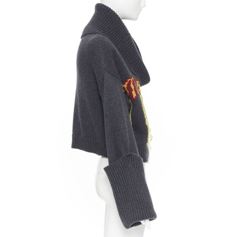 MONSE MONSE 100% wool Monsfield fringe intarsia knit oversized cropped sweater S Size S / US 4 / IT 40 - 4 Thumbnail