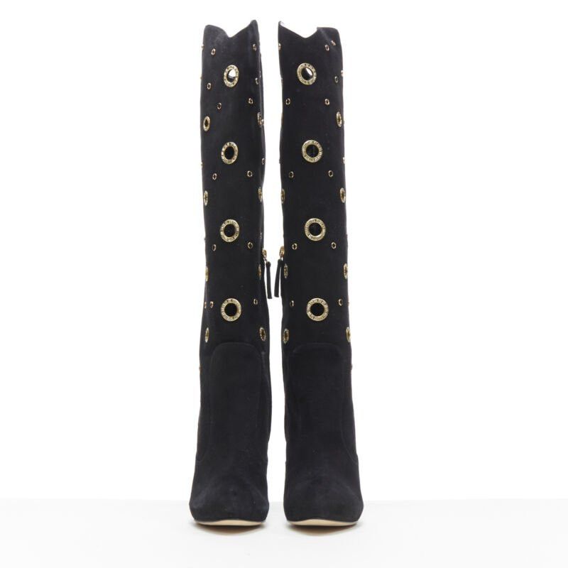 Giuseppe Zanotti new GIUSEPPE ZANOTTI black suede gold crystal eyelet high heel tall boots EU37 Size US 7 / IT 37 - 3 Thumbnail