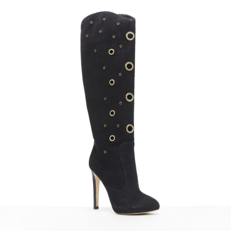 Giuseppe Zanotti new GIUSEPPE ZANOTTI black suede gold crystal eyelet high heel tall boots EU37 Size US 7 / IT 37 - 2 Thumbnail