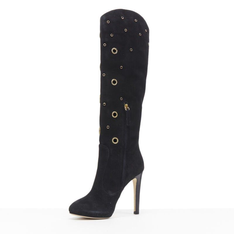 Giuseppe Zanotti new GIUSEPPE ZANOTTI black suede gold crystal eyelet high heel tall boots EU37 Size US 7 / IT 37 - 4 Thumbnail