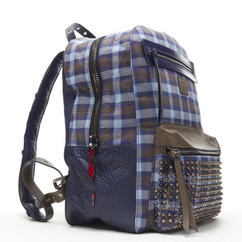 Christian Louboutin CHRISTIAN LOUBOUTIN Backloubi blue brown gingham check spike stud backpack bag Size ONE SIZE - 3 Thumbnail