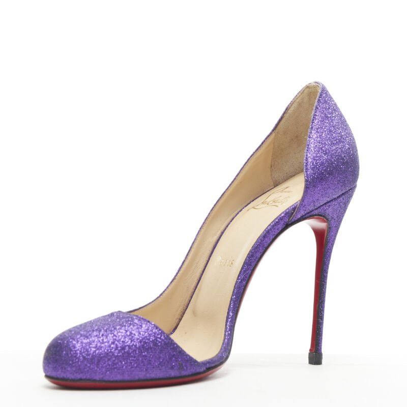 Christian Louboutin CHRISTIAN LOUBOUTIN Helmour purple glitter round toe half dorsay pump EU37.5 Size US 7.5 / IT 37.5 - 3 Thumbnail