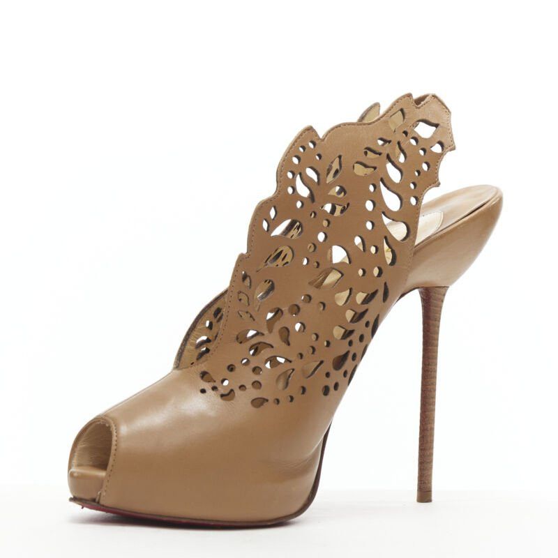 Christian Louboutin CHRISTIAN LOUBOUTIN Markesling 130 tan brown laser cut peep toe bootie EU39 Size US 9 / IT 39 - 4 Thumbnail