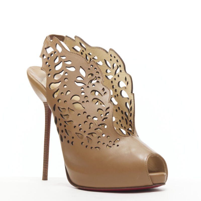 Christian Louboutin CHRISTIAN LOUBOUTIN Markesling 130 tan brown laser cut peep toe bootie EU39 Size US 9 / IT 39 - 2 Thumbnail