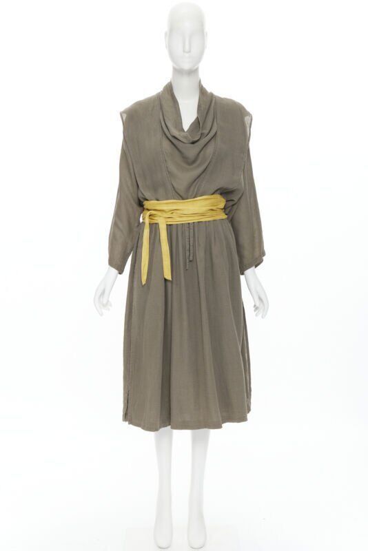 Issey Miyake vintage ISSEY MIYAKE 1980's beige linen yellow obi belt cowl neck dress M rare Size M / US 6-8 / IT 42-44 - 12 Thumbnail