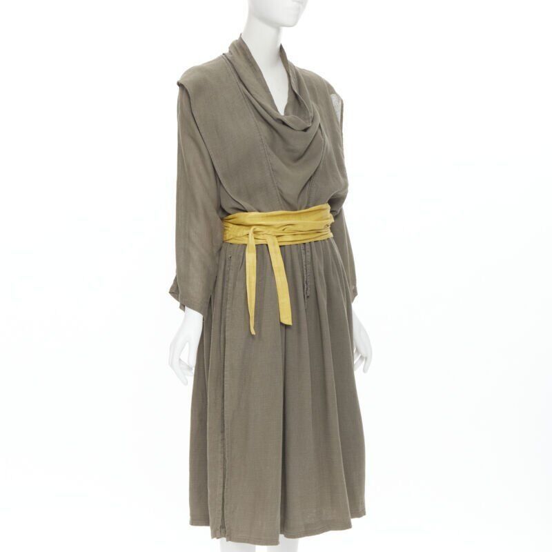 Issey Miyake vintage ISSEY MIYAKE 1980's beige linen yellow obi belt cowl neck dress M rare Size M / US 6-8 / IT 42-44 - 3 Thumbnail