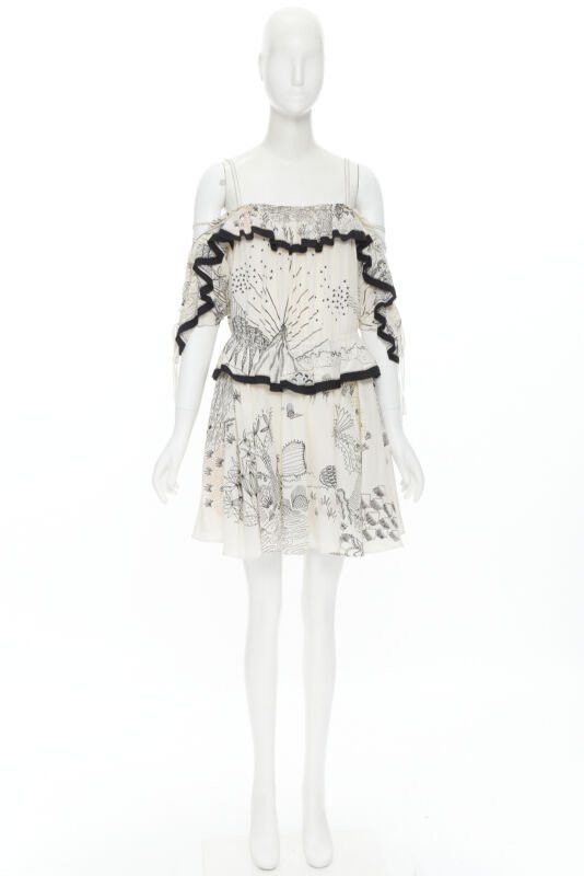 Valentino new VALENTINO Garden illustration print silk off shoulder lace up dress IT40 S Size M / US 6-8 / IT 42-44 - 12 Thumbnail