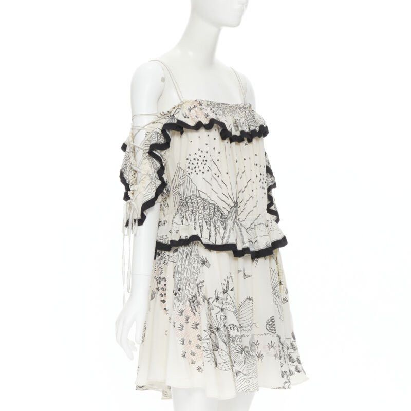 Valentino new VALENTINO Garden illustration print silk off shoulder lace up dress IT40 S Size M / US 6-8 / IT 42-44 - 3 Thumbnail