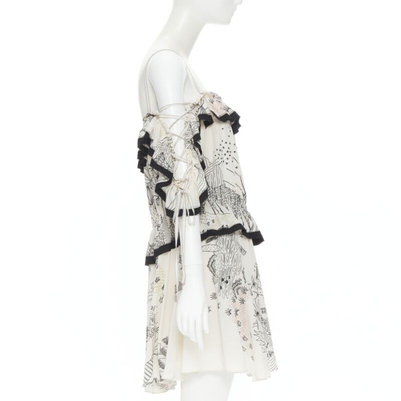 Valentino new VALENTINO Garden illustration print silk off shoulder lace up dress IT40 S Size M / US 6-8 / IT 42-44 - 4 Thumbnail