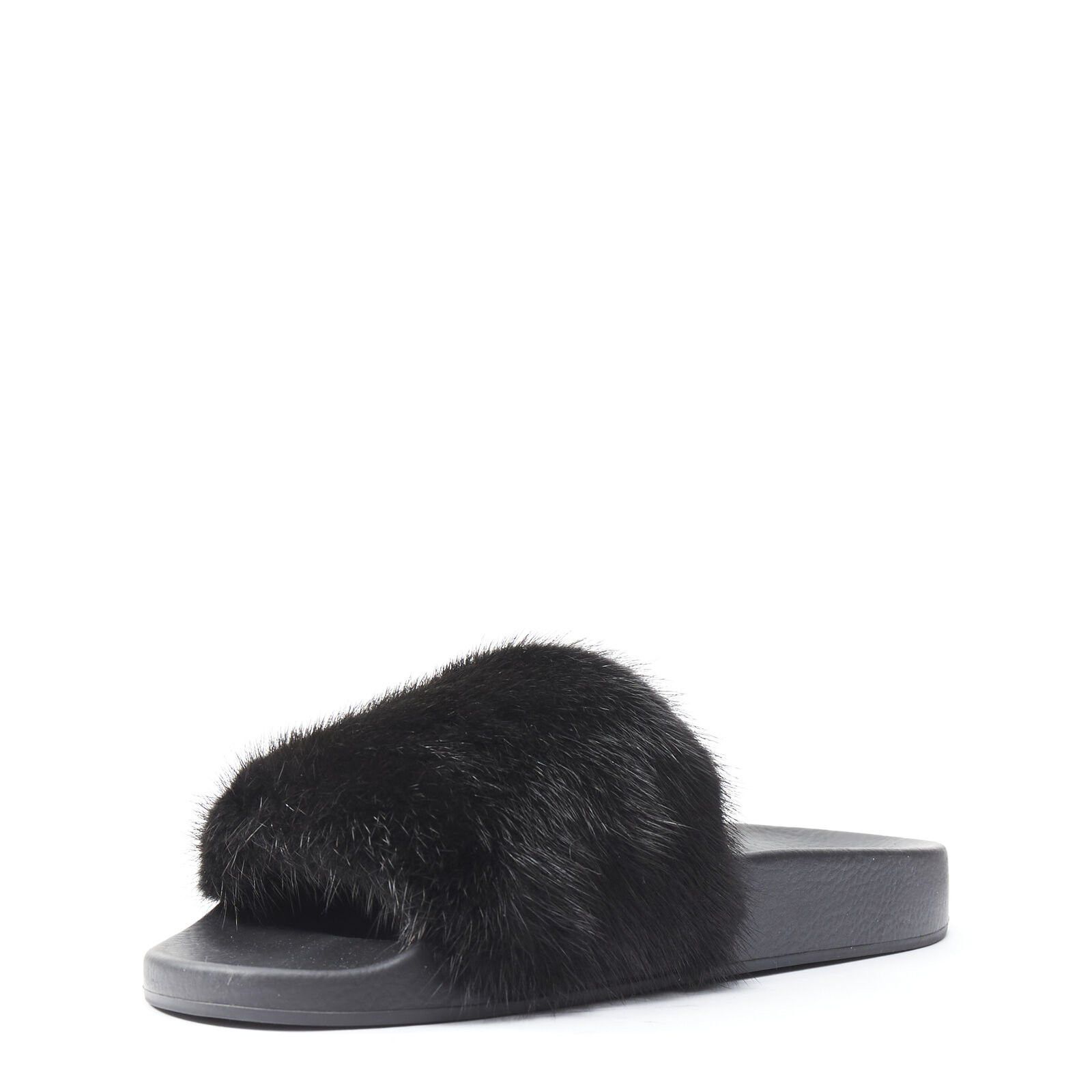 Givenchy new GIVENCHY black Vison Mink fur logo rubber moulded pool slides EU36 Size US 6 / IT 36 - 4 Thumbnail